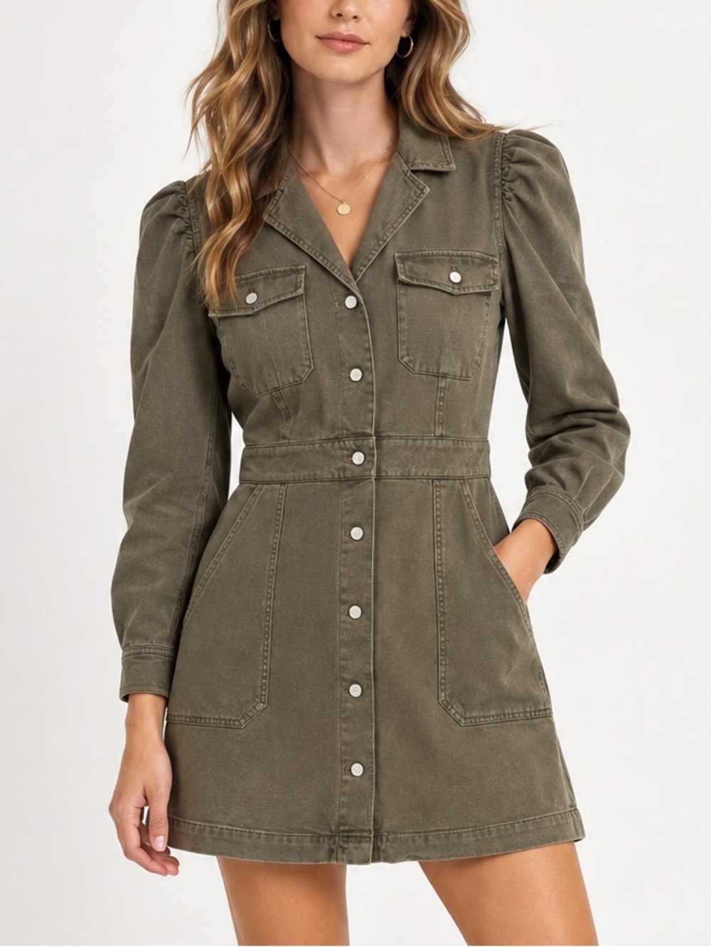 RAILS Lisette Moss Green Denim Twill Mini Dress Puff Sleeve Button Front Size S
